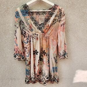 Y2K Top Women’s Medium Beige Sheer Fairy Baby Doll Embroidered Blouse